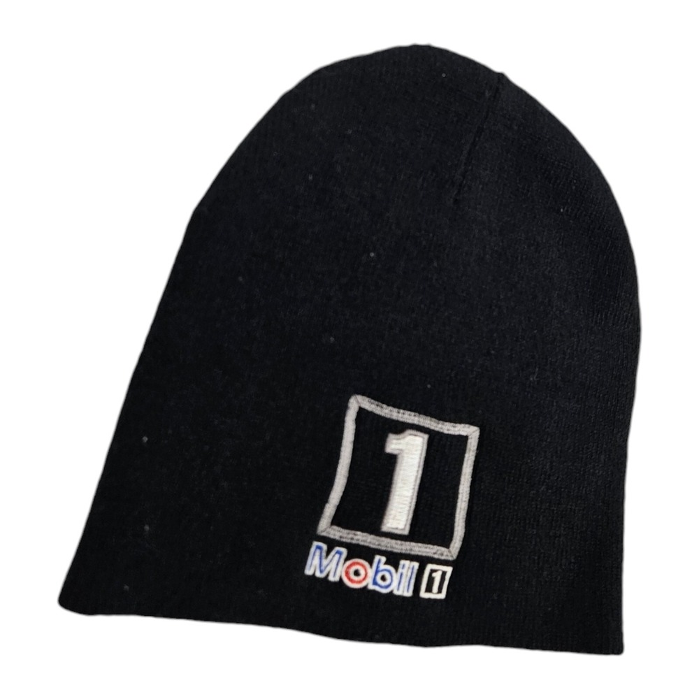 Vtg Mobil 1 Beanie Hat Cap Racing Logo IndyCar NHRA F1 Motorsports Black Knit